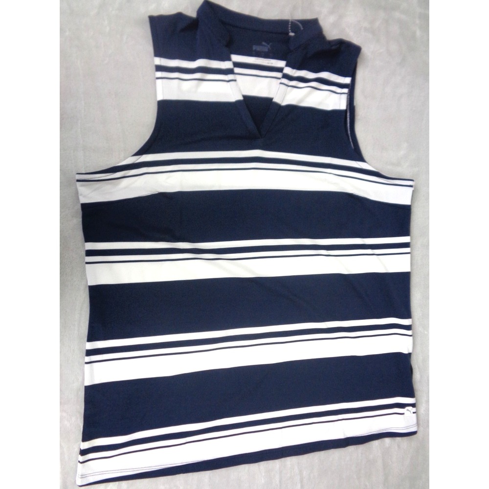 Puma Cloudspun Valley Stripe Sleeveless Polo Navy White‎ Womens Size Large